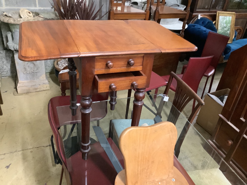 A Victorian mahogany drop flap work table, width 50cm, depth 38cm, height 66cm